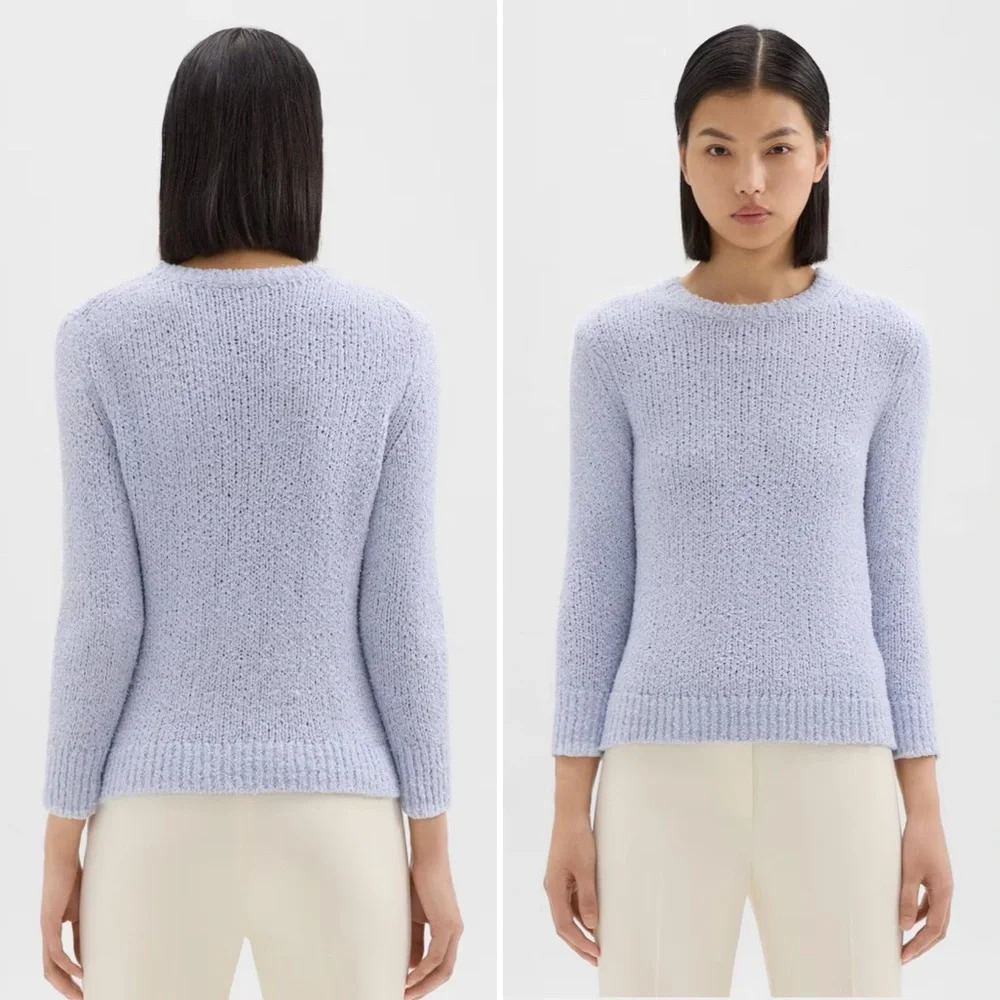 Theory Shrunken Crew Feathered Cotton Linen  Sweater Light Blue Size S
